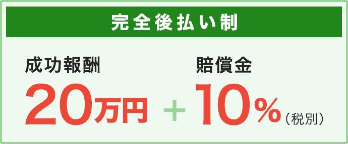 完全後払い制、成功報酬20万円＋賠償金10％（税別）