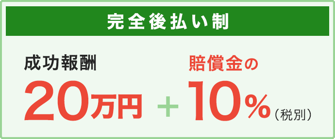 完全後払い制、成功報酬20万円＋賠償金10％（税別）