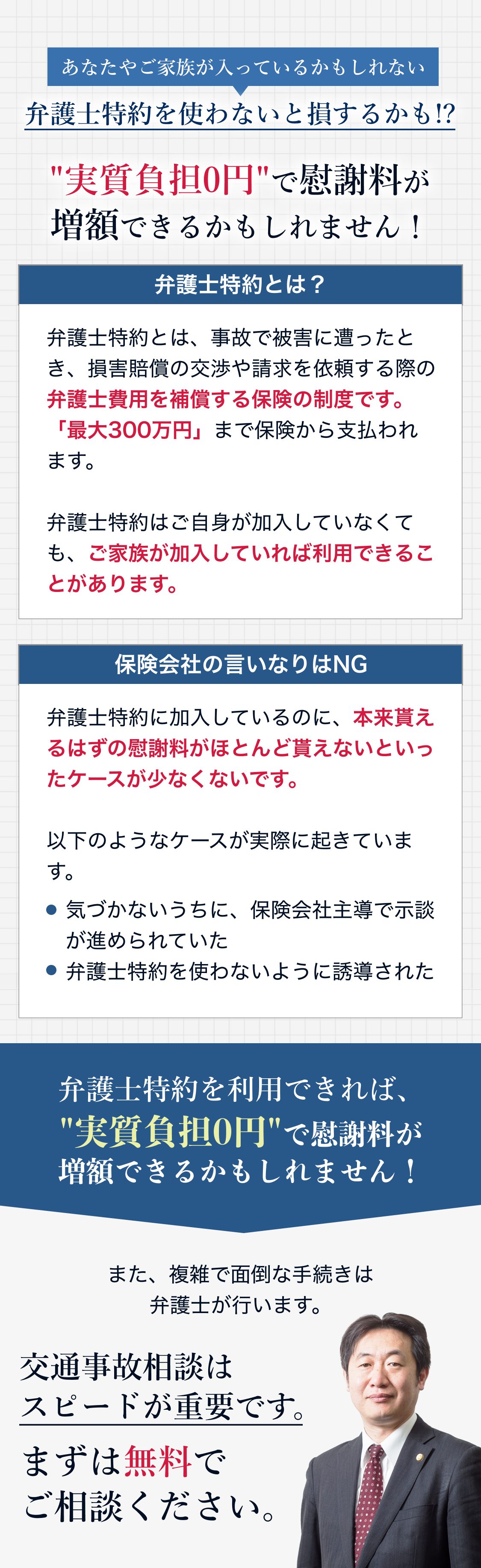あなたやご家族が入っている 弁護士特約を使わないと損するかも 実質負担0円で慰謝料が増額できるかもしれません! 弁護士特約とは？ 弁護士特約とは、事故で被害に遭ったとき、損害賠償の交渉や請求を依頼する際の弁護士費用を補償する保険の制度です。「最大300万円」まで保険から支払われます。 弁護士特約はご自身が加入していなくても、ご家族が加入していれば利用できることがあります。保険会社の言いなりはNG 弁護士特約に加入しているのに、本来貰えるはずの慰謝料がほとんど貰えないといったケースが少なくないです。  以下のようなケースが実際に起きています。 ・気づかないうちに、保険会社主導で示談が進められていた ・弁護士特約を使わないように誘導された 弁護士特約を利用できれば、実質負担0円で慰謝料が増額できるかもしれません！ また、複雑で面倒な手続きは弁護士が行います。 交通事故相談はスピードが重要です。まずは無料でご相談ください。